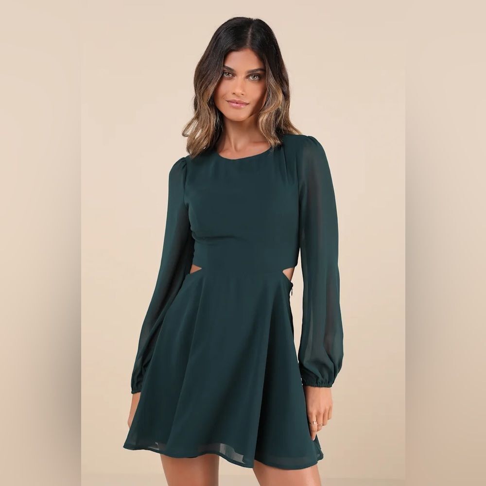 Lulus Garden Bliss Emerald Green Long Sleeve Cutout Mini Dress